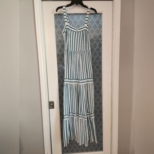 LOFT Blue and White Tiered Sundress with Square Neck